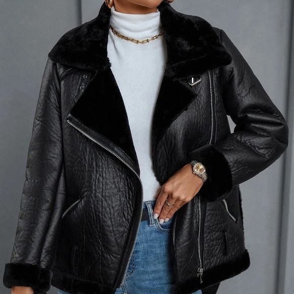 Contemporary Teddy Panel Faux leatherZip Up Moto Jacket Black - Picture 2 of 5